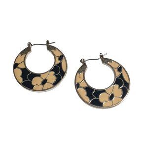 Floral Enamel Hoop Earrings Tan Black Silver Tone Vintage Retro Jewelry